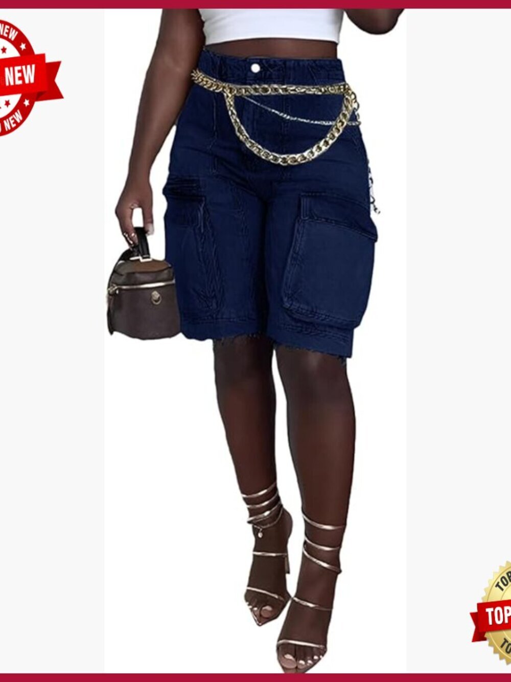 High Waisted Bermuda Cargo Jean Shorts Ripped Raw Hem Stretchy Denim